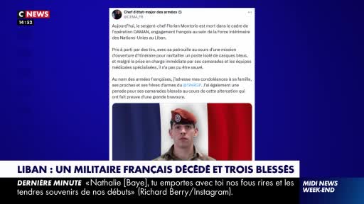 A CNews broadcast announces the death of a French soldier in Lebanon. A photograph of the deceased soldier, wearing a red beret, is displayed against the backdrop of the French flag.