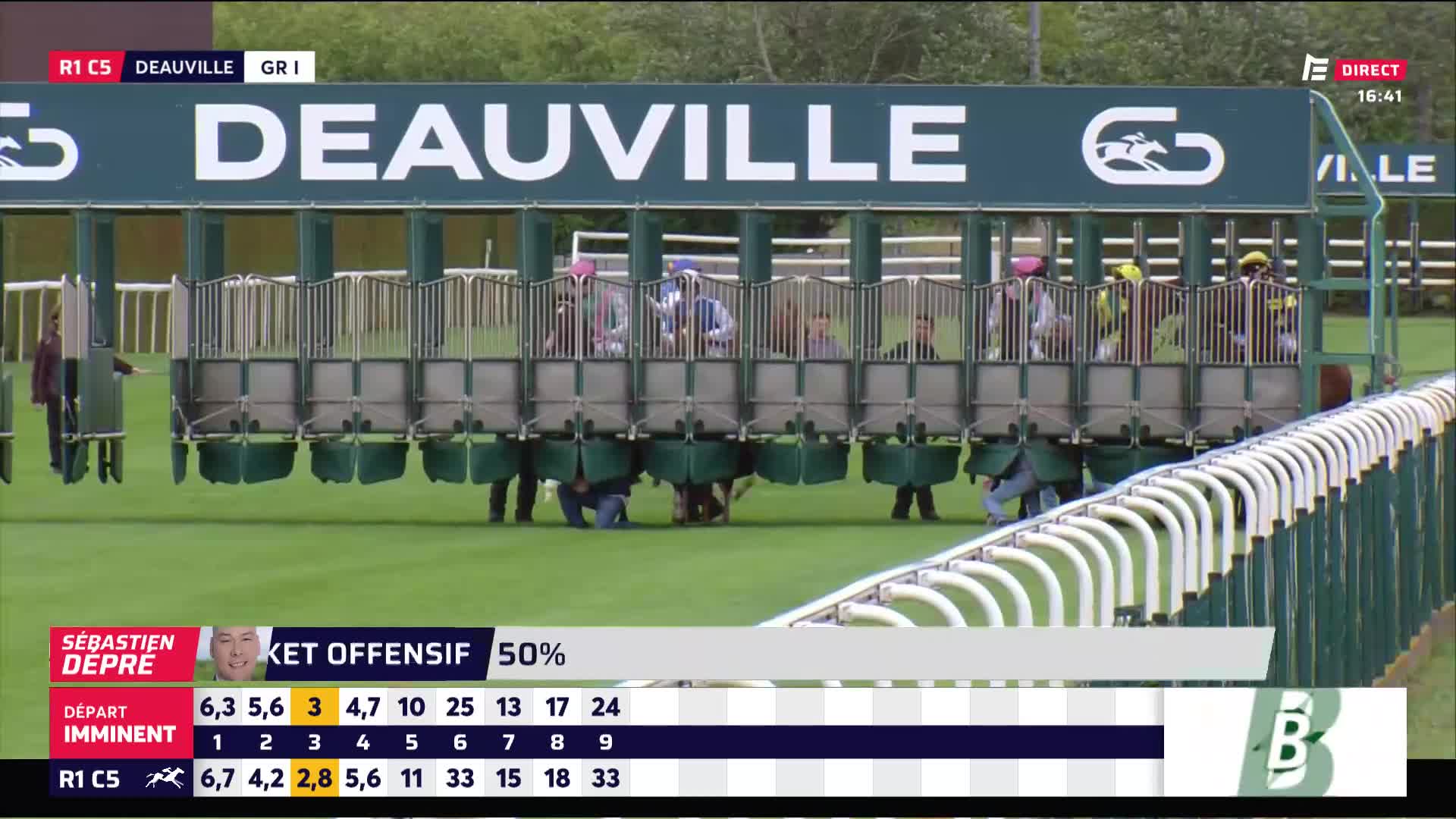 Jockeys are settled in the starting gates at Deauville, ready for the off. The Equidia graphics tell me the race is about to begin.
