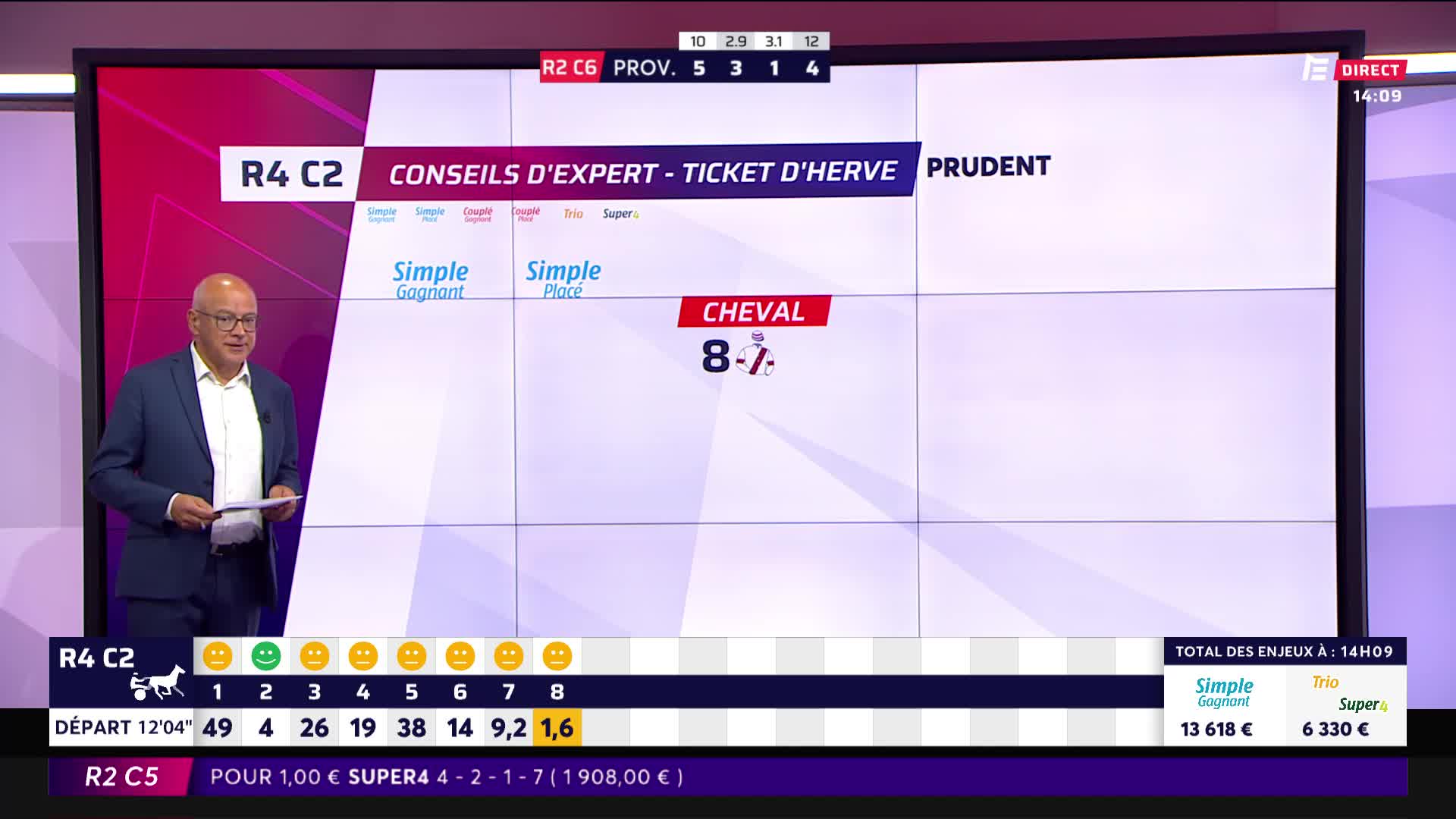 A man in a suit, holding papers, stands in front of a large screen. The screen displays information about a horse race, including odds and expert advice from Equidia.
