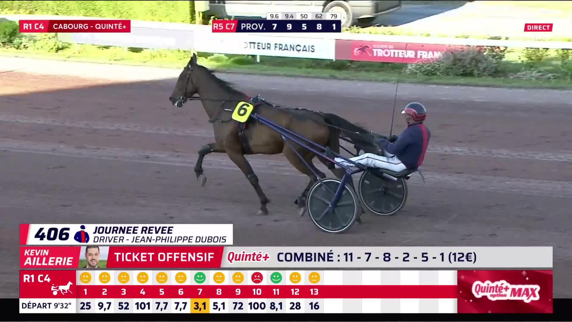 A dark bay horse, number six, pulls a sulky at a brisk pace. The driver, in a red and blue jacket, leans forward, guiding the horse around the Cabourg track, broadcast live on Equidia.

