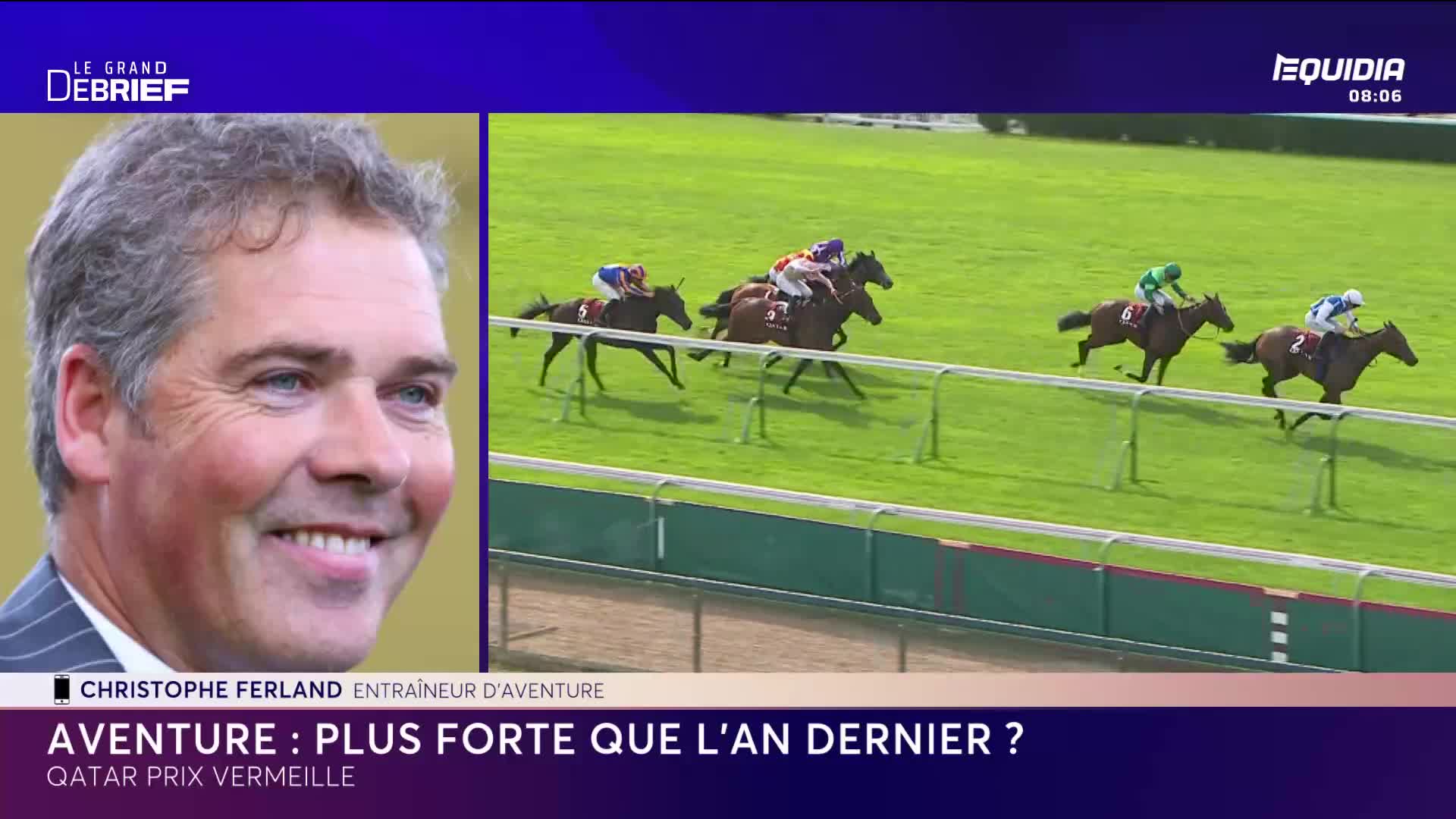 Horses, their riders hunched low, are thundering down the track, the green of the course a vivid contrast to the silks. Equidia's broadcast shows a smiling trainer discussing the race.
