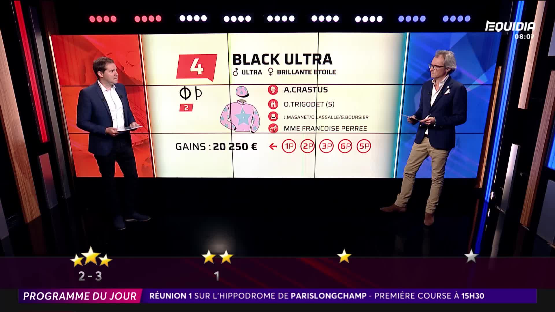 Two men in suits are standing in front of a screen displaying information about a horse named Black Ultra. The Equidia logo is visible in the top right corner, and the bottom banner mentions a race at ParisLongchamp.
