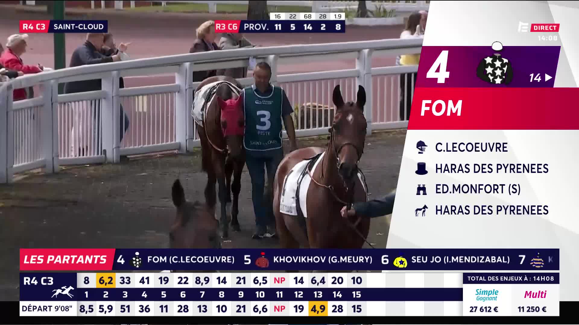 Two horses, led by handlers, stand patiently near the trackside railing at Saint-Cloud. The Equidia broadcast shows the race information as the horses prepare for the start.
