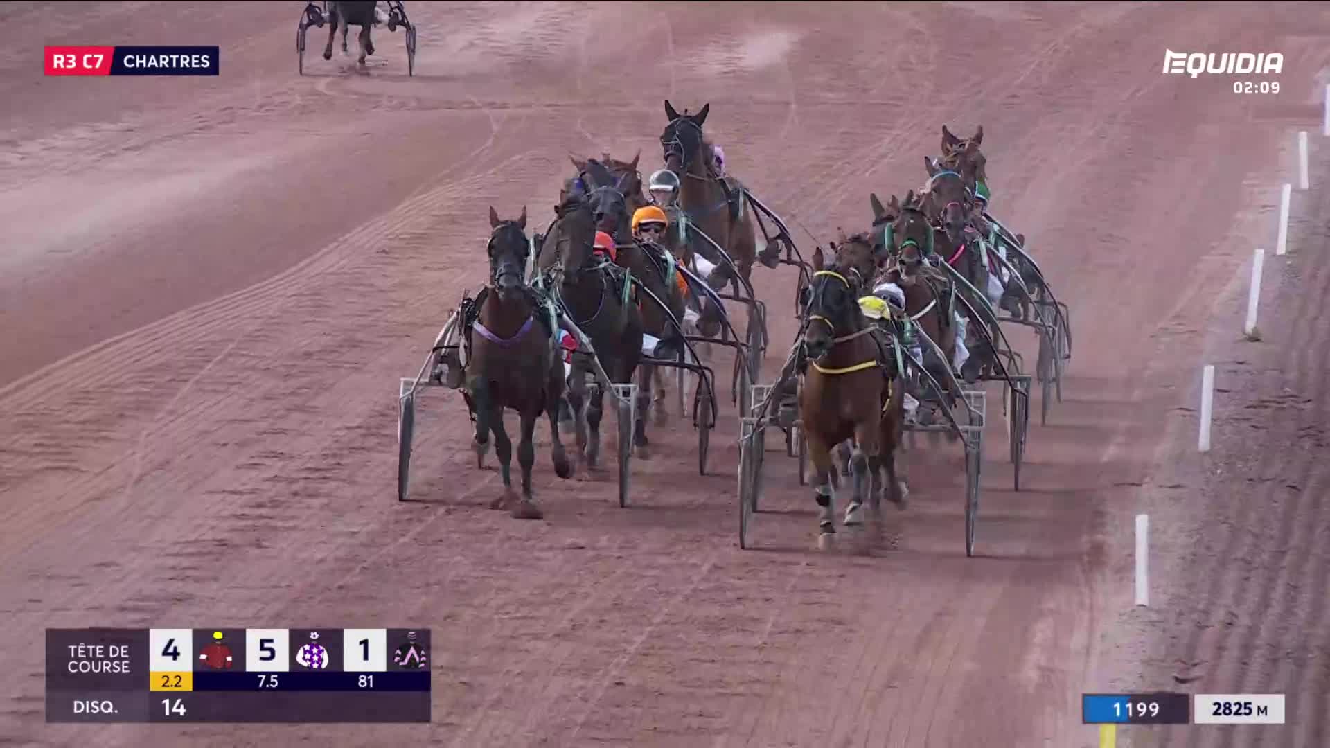 The horses, harnessed to their sulkies, are bunched together on the track, heading toward the finish line. The race, broadcast on Equidia from Chartres, France, is well underway.
