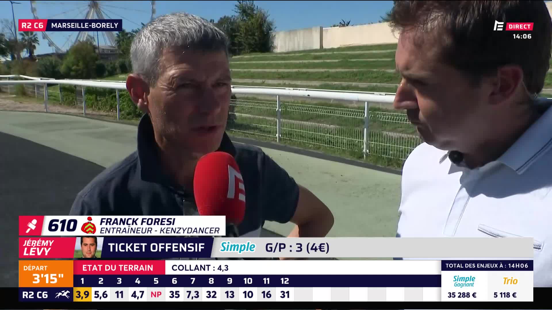 An interviewer, mic in hand, listens intently to an older man, presumably a trainer, who's speaking into a red microphone. The Equidia logo is visible, and the screen displays race information from Marseille-Borely.

