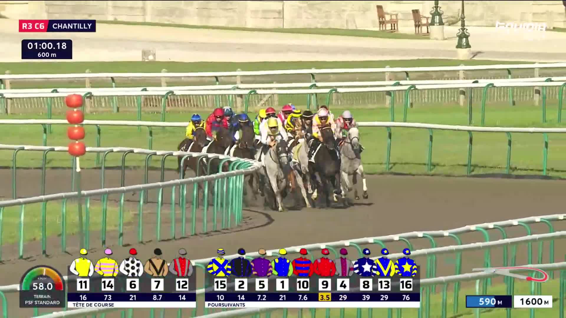 A pack of horses, jockeys in colorful silks, thunders around the bend at Chantilly. The lead horse, with a yellow-clad jockey, is battling for position.
