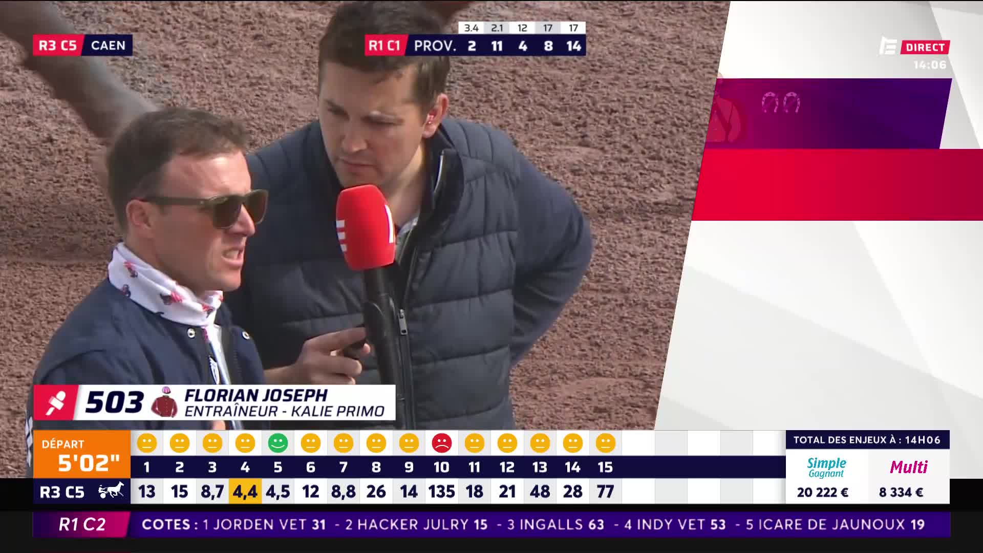 A man in sunglasses, wearing a scarf, is speaking intently into a microphone held by another man. The Equidia broadcast displays the race details, including the horse's number and the trainer's name.
