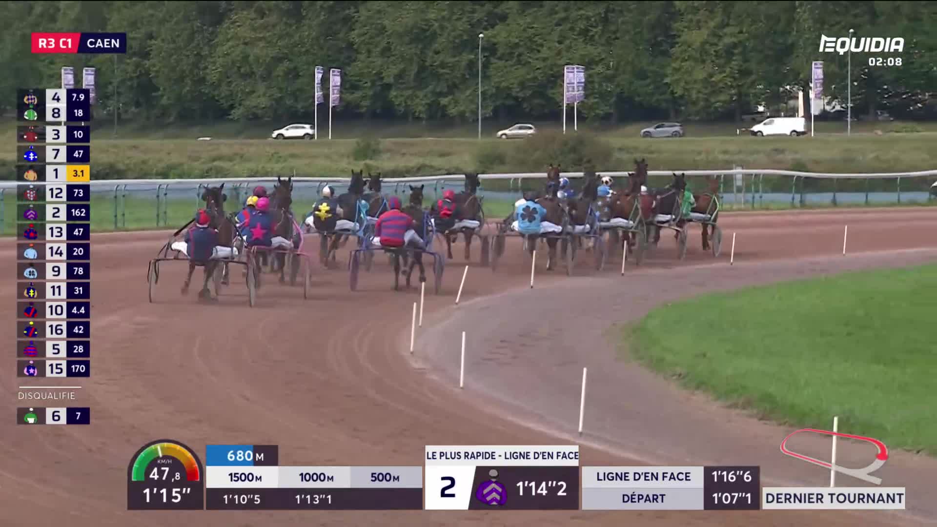 The horses, hitched to their sulkies, are thundering around the track at Caen.  The jockeys, in their colorful silks, urge their mounts onward as they approach the final turn.

