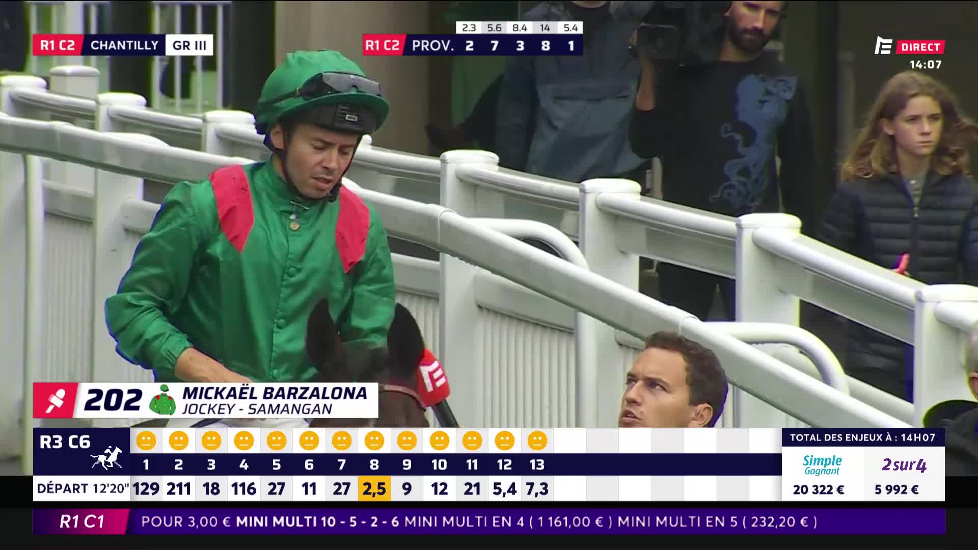 The jockey, in green and red silks, is looking down, holding the reins of his horse.  Behind him, people watch from the stands, and the Equidia broadcast details the race.
