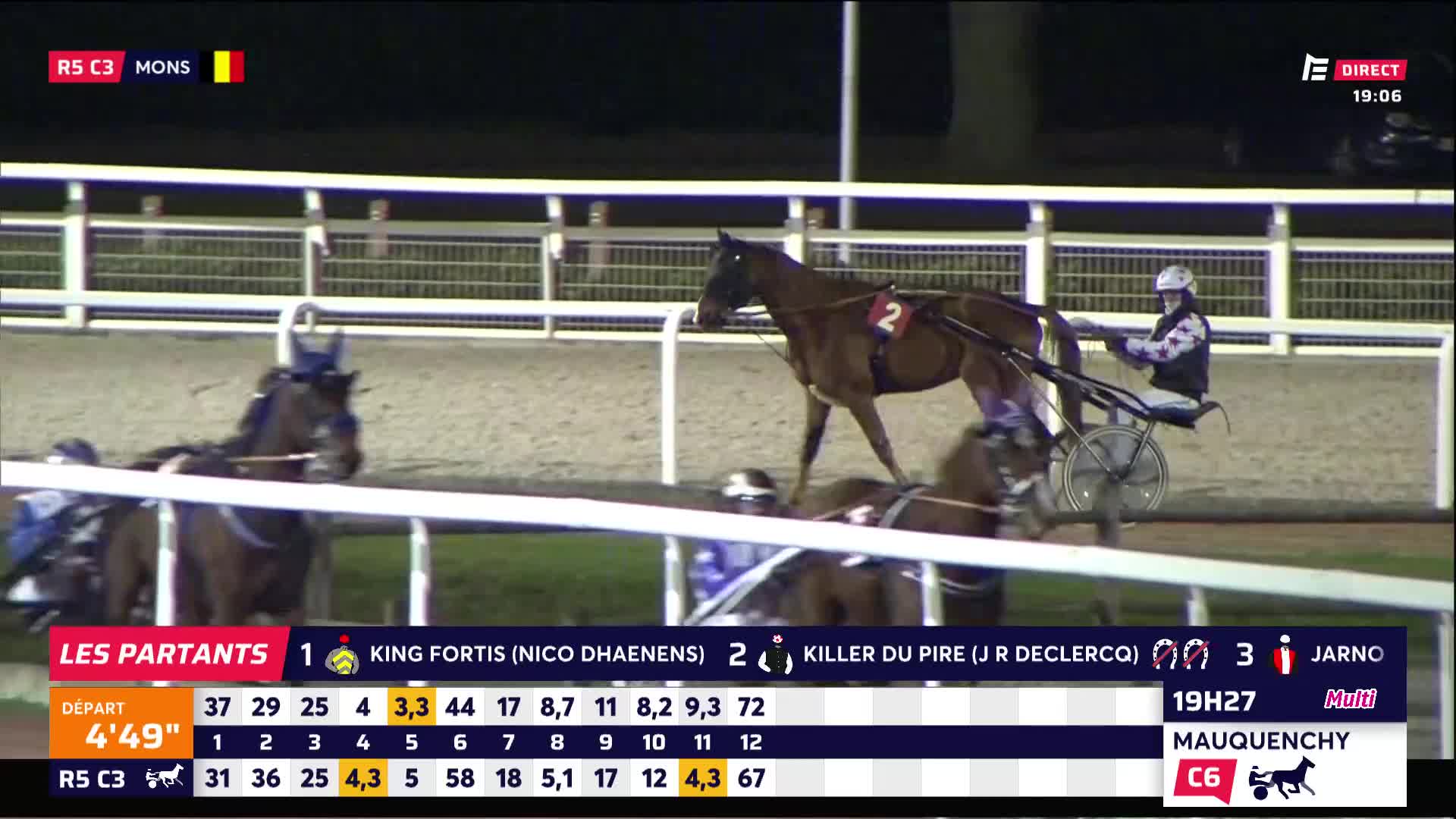 The horses, harnessed to their sulkies, are mid-stride on the track. The number two horse, ridden by J.R. Declercq, is in the lead, with the others close behind.
