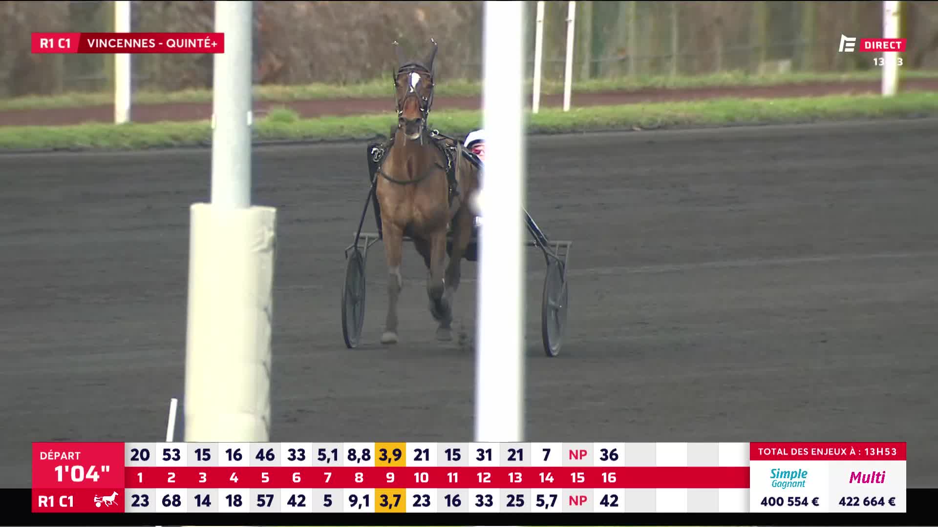 A chestnut trotter pulls its sulky down the Vincennes track, its hooves kicking up dust. The horse's ears are pricked forward, focused on the finish line.