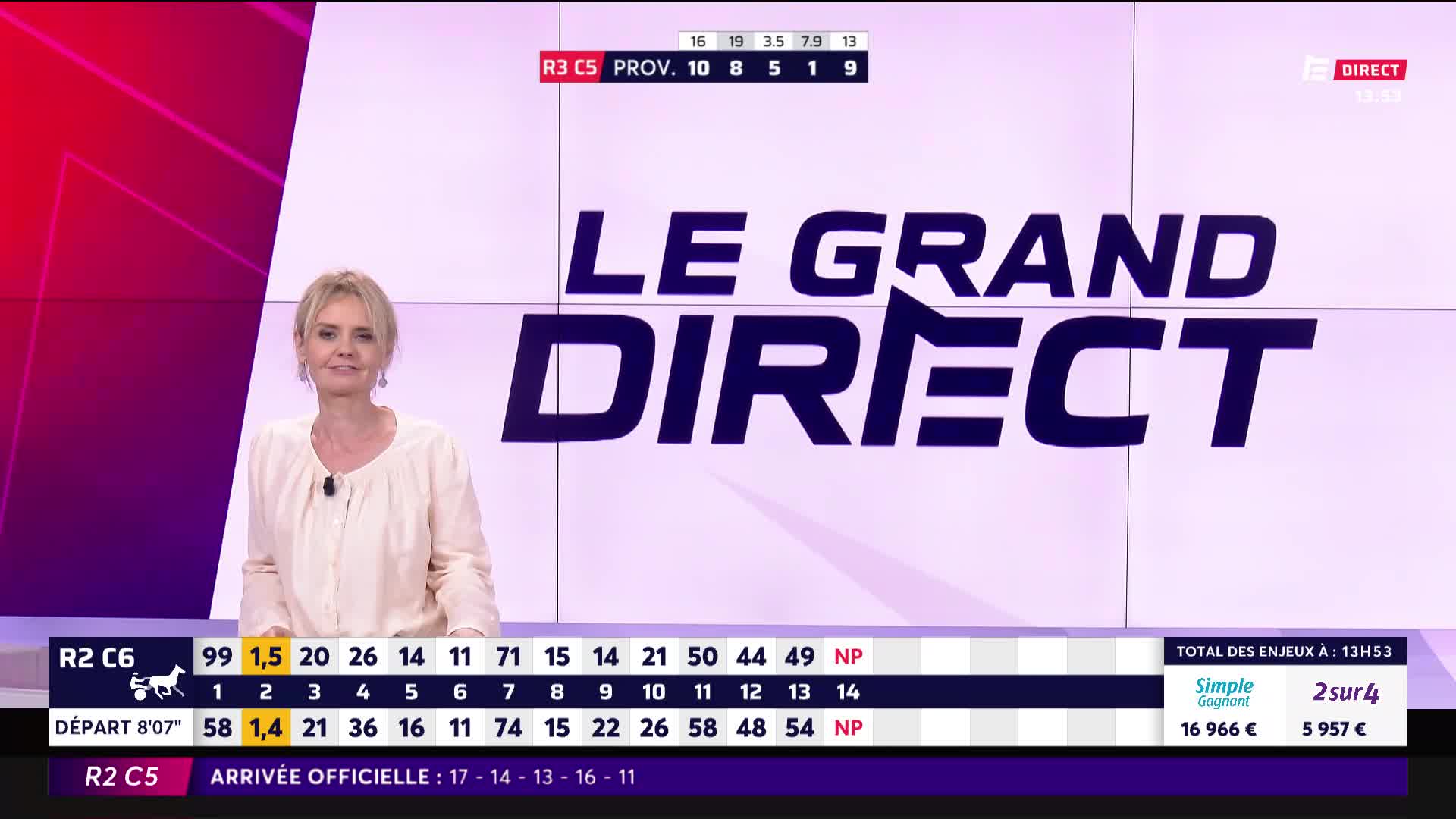 A woman stands on a brightly lit set, smiling. Behind her, large purple letters spell out "LE GRAND DIRECT."