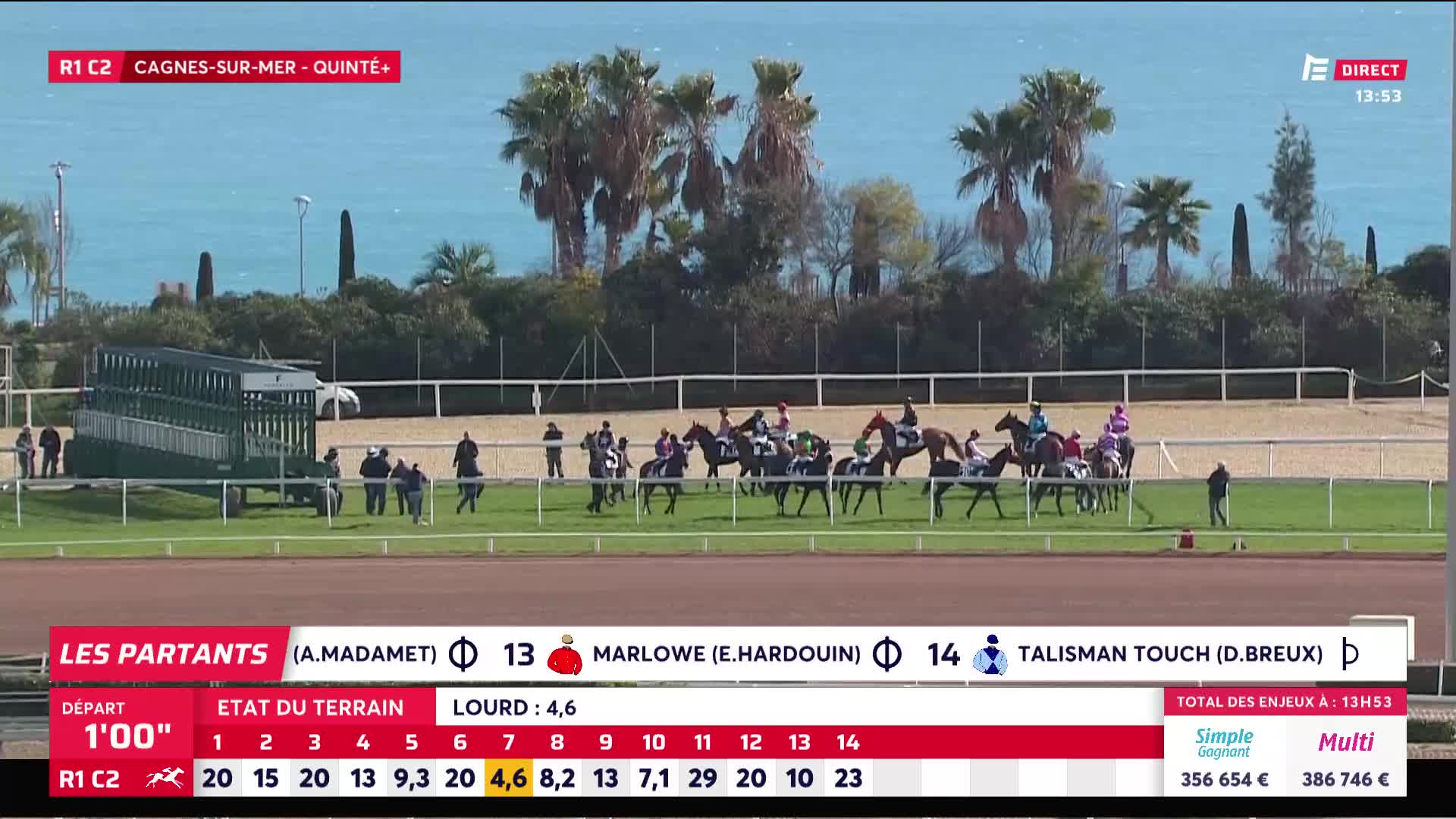 The horses are lining up at the start gate for the Cagnes-sur-Mer race. A group of jockeys, dressed in colorful silks, are guiding their mounts into position.