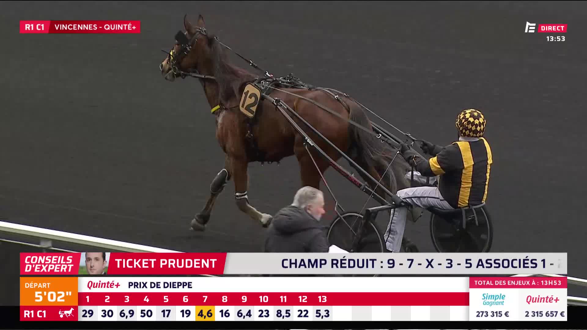 The sulky, number 12, is pulling hard, its hooves kicking up dust on the Vincennes track. A driver in a yellow and black checkered helmet guides the horse, leaning into the turn.