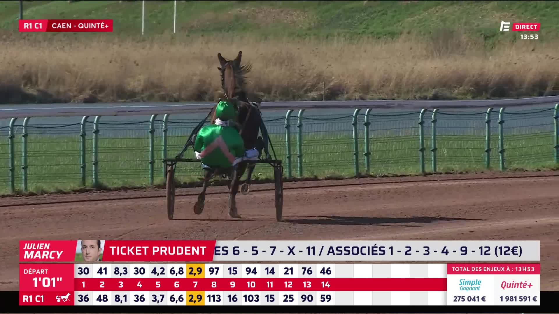 A horse and sulky are powering down the dirt track at a steady clip. The driver, clad in bright green silks, leans forward, urging the horse onward. A horse and sulky are powering down the dirt track at a steady clip. The driver, clad in bright green silks, leans forward, urging the horse onward.