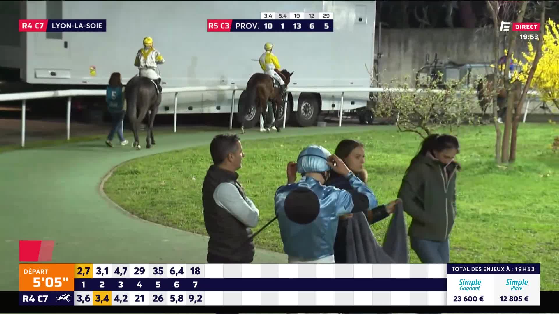 Two jockeys on horseback are being led away from the track. A man in a blue racing jacket is adjusting his helmet while two women stand nearby. Two jockeys on horseback are being led away from the track. A man in a blue racing jacket is adjusting his helmet while two women stand nearby.