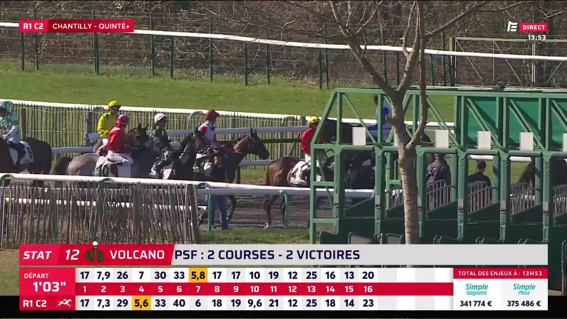 Horses and riders are lined up in the starting gates at Chantilly. The gates are green and metallic, with white bars. Horses and riders are lined up in the starting gates at Chantilly. The gates are green and metallic, with white bars.
