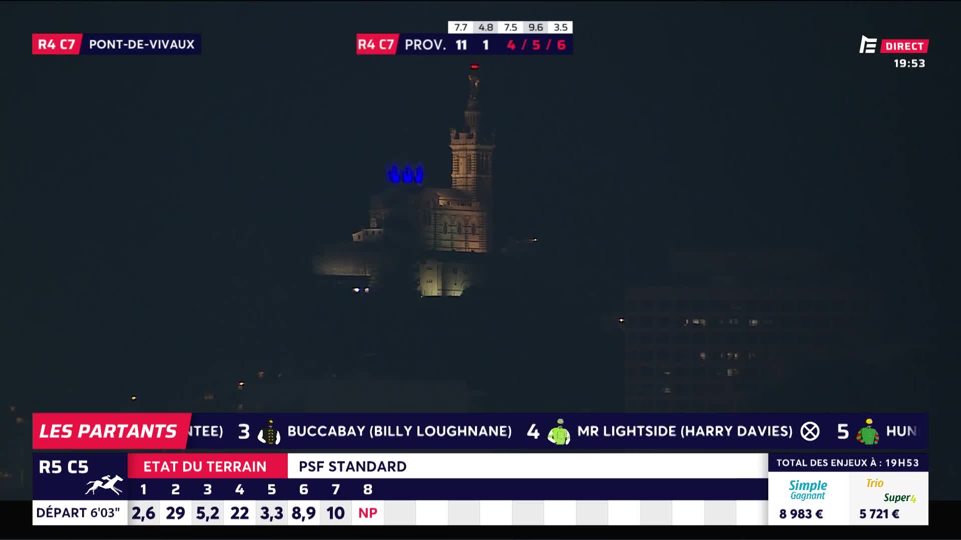 A grand, illuminated building stands against the night sky, its architecture suggesting a historic French landmark. Below, a digital display from Equidia shows race information, with numbers and names indicating participants in a race. A grand, illuminated building stands against the night sky, its architecture suggesting a historic French landmark. Below, a digital display from Equidia shows race information, with numbers and names indicating participants in a race.