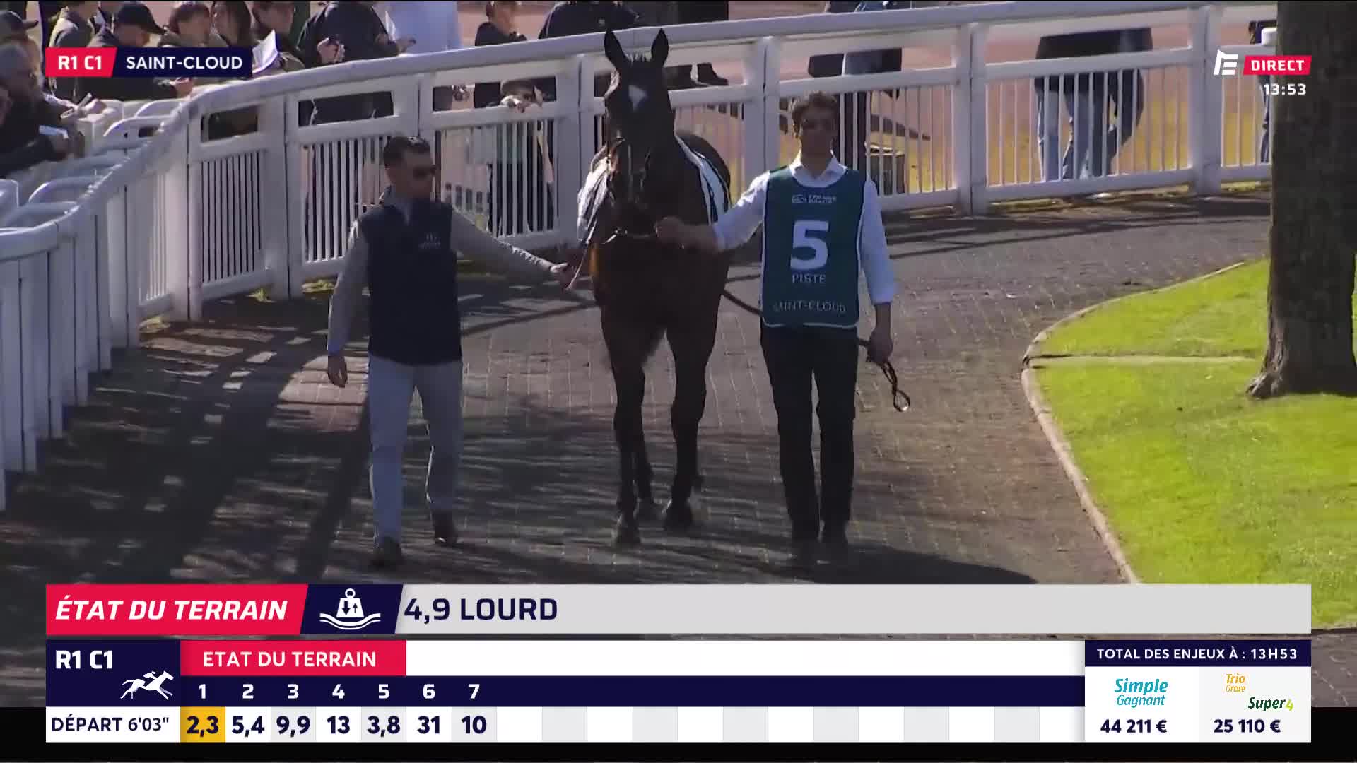 A dark bay horse, led by two handlers, walks along the track at Saint-Cloud. The ground is marked as "4,9 LOURD," indicating a heavy going for the race.