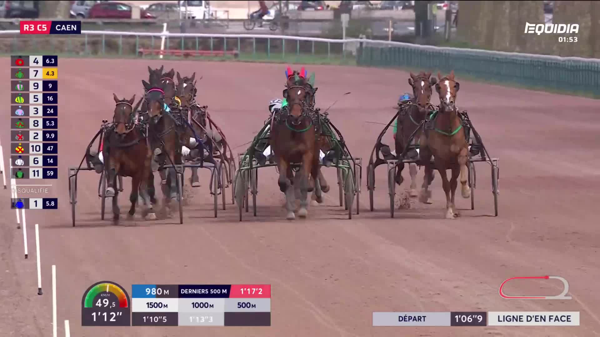 The trotters are thundering down the track in Caen, their hooves kicking up dust. A horse in green and pink blinkers leads the pack, pulling its sulky forward.