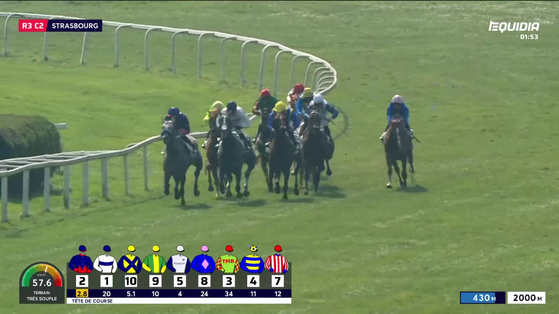 The horses are thundering down the track, jostling for position. A jockey in a blue and white silks pulls ahead, his horse stretching out its stride.