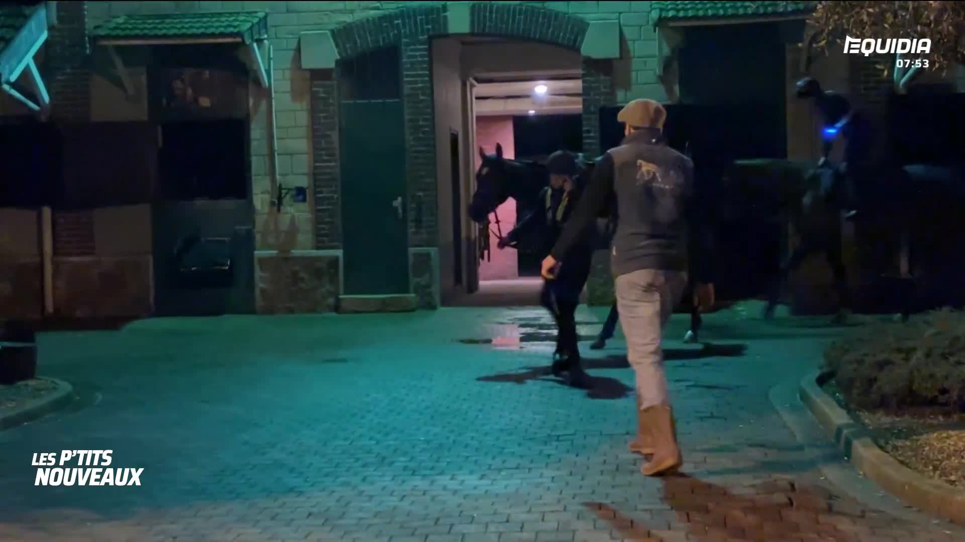 A handler guides a dark horse out of a stable as another rider on horseback emerges behind them. The Equidia broadcast shows the time as 07:53.