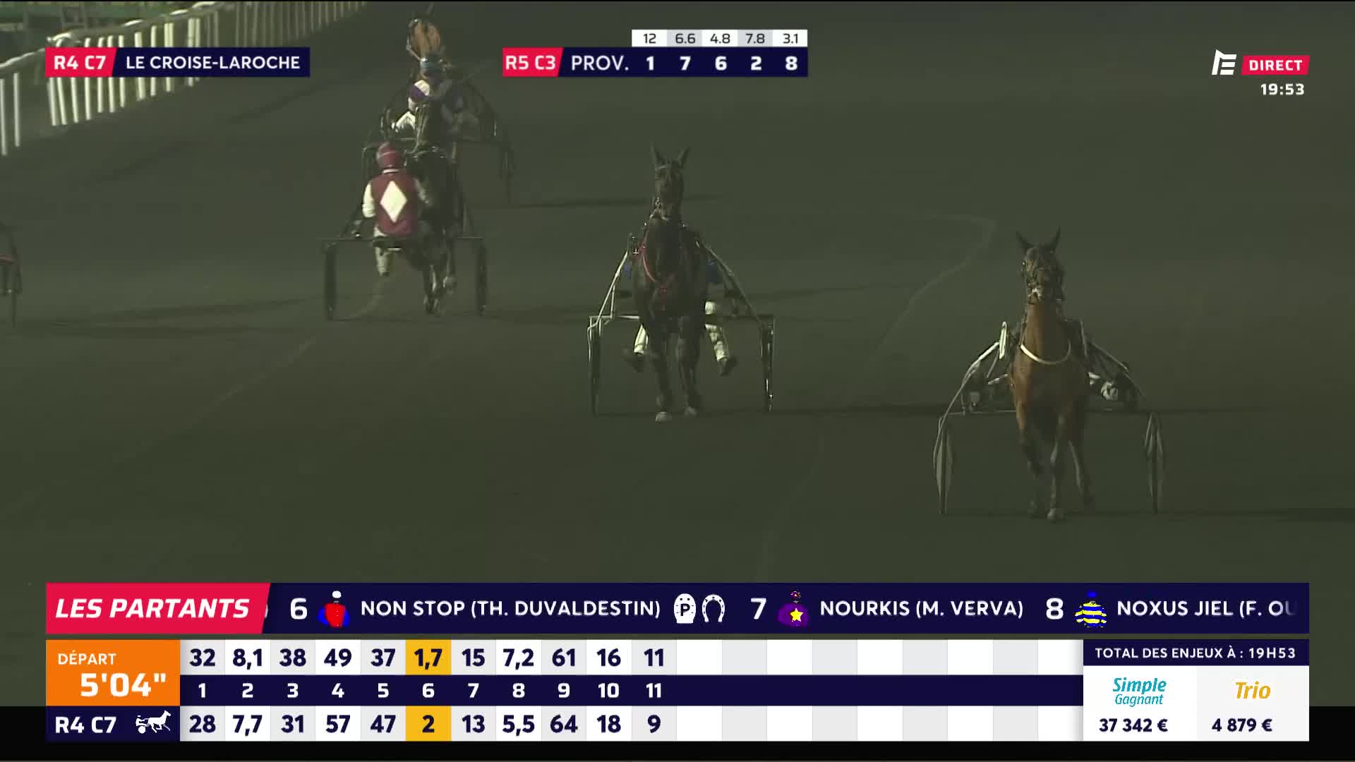 A horse pulls a sulky down the track, its hooves kicking up dust. Another horse, further back, is gaining ground.