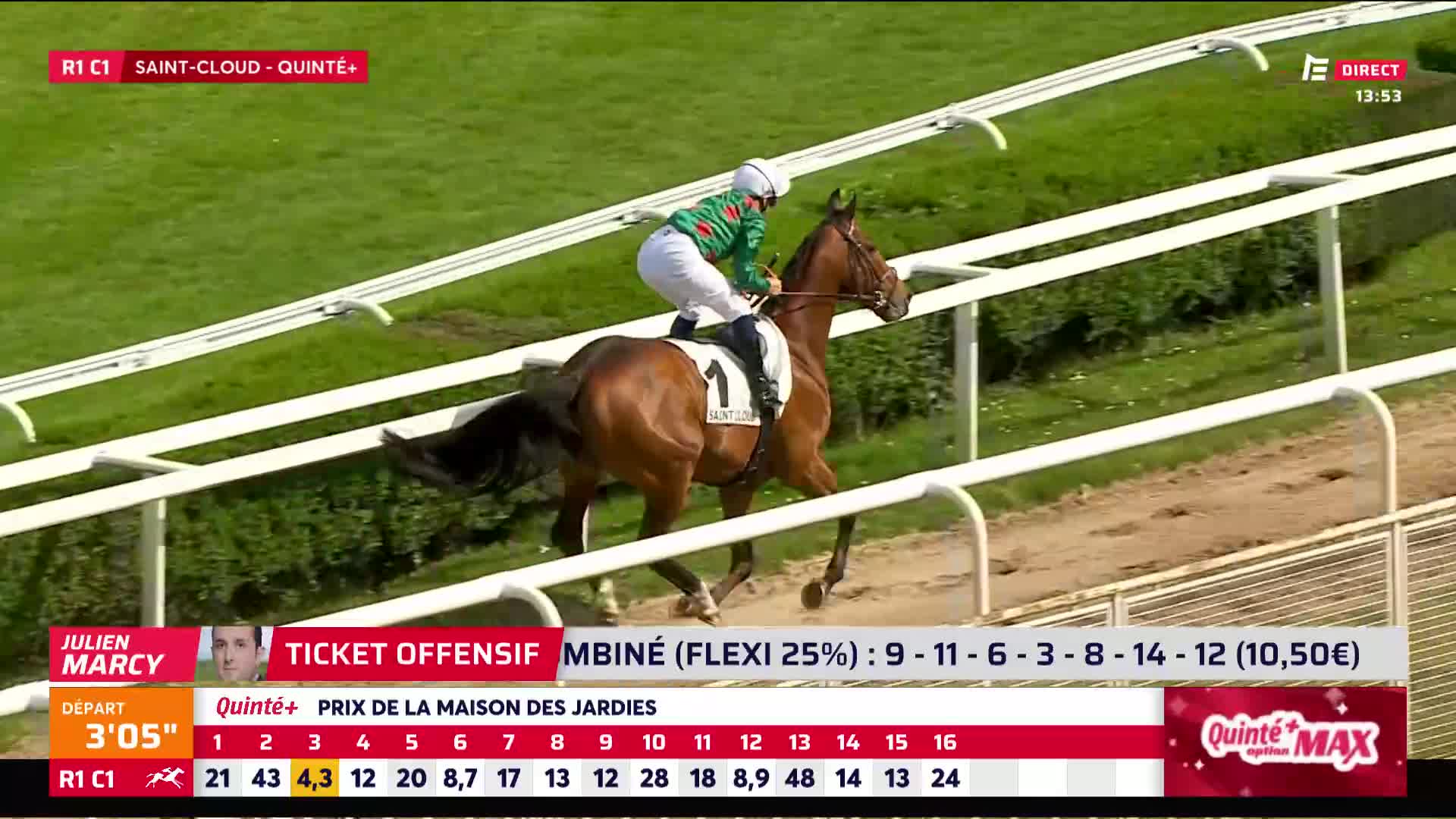 A chestnut horse, number one, surges forward on the dirt track, its jockey in green and white silks urging it on. The horse's tail streams behind as it gallops past the white railings, part of the Saint-Cloud racecourse.
