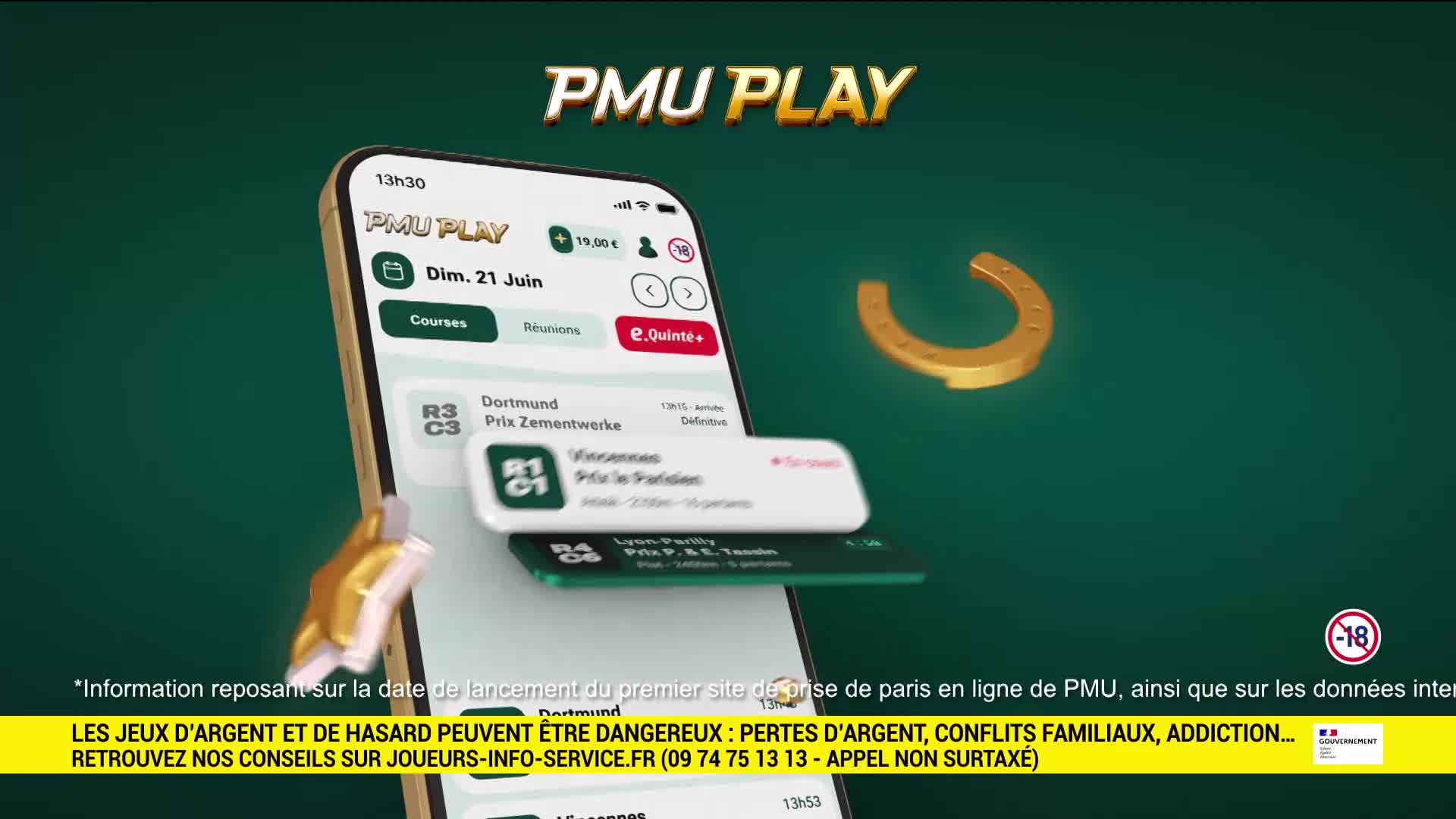 A smartphone displays upcoming horse races for June 21st, with a golden horseshoe hovering nearby. The PMU PLAY app shows race details for Dortmund and Vincennes. A smartphone displays upcoming horse races for June 21st, with a golden horseshoe hovering nearby. The PMU PLAY app shows race details for Dortmund and Vincennes.