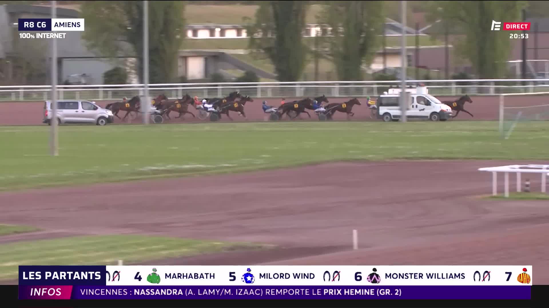 The horses are thundering down the track, their sulkies kicking up dust. A white van follows closely behind, keeping pace with the pack. The horses are thundering down the track, their sulkies kicking up dust. A white van follows closely behind, keeping pace with the pack.
