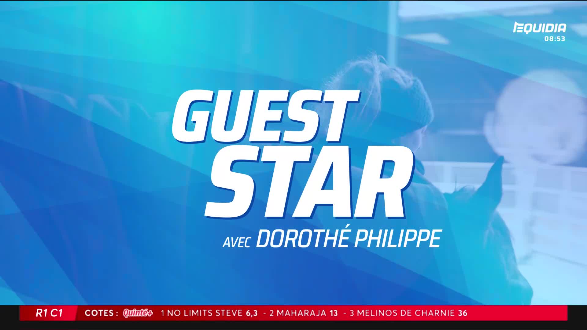 A rider, Dorothé Philippe, is preparing to mount her horse. The Equidia broadcast displays "Guest Star" with her name. A rider, Dorothé Philippe, is preparing to mount her horse. The Equidia broadcast displays "Guest Star" with her name.