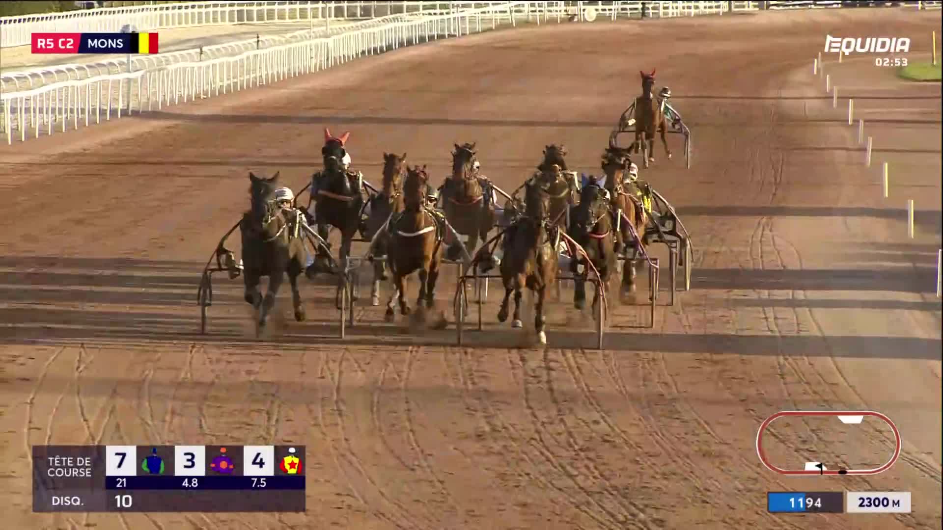 The horses are thundering down the dirt track, their hooves kicking up dust as they pull their sulkies. A tight pack of racers jostles for position, their drivers leaning forward, urging them on. The horses are thundering down the dirt track, their hooves kicking up dust as they pull their sulkies. A tight pack of racers jostles for position, their drivers leaning forward, urging them on.