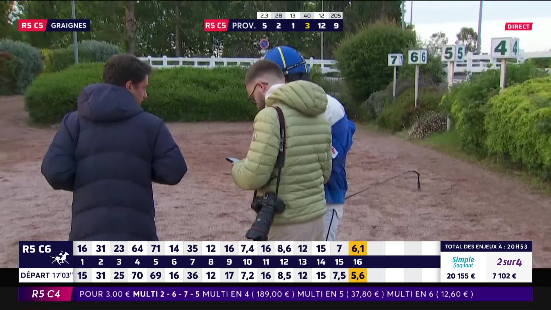A jockey in a blue and yellow helmet is looking down at his phone. Beside him, a man in a green puffer jacket holds a camera and also checks his phone.