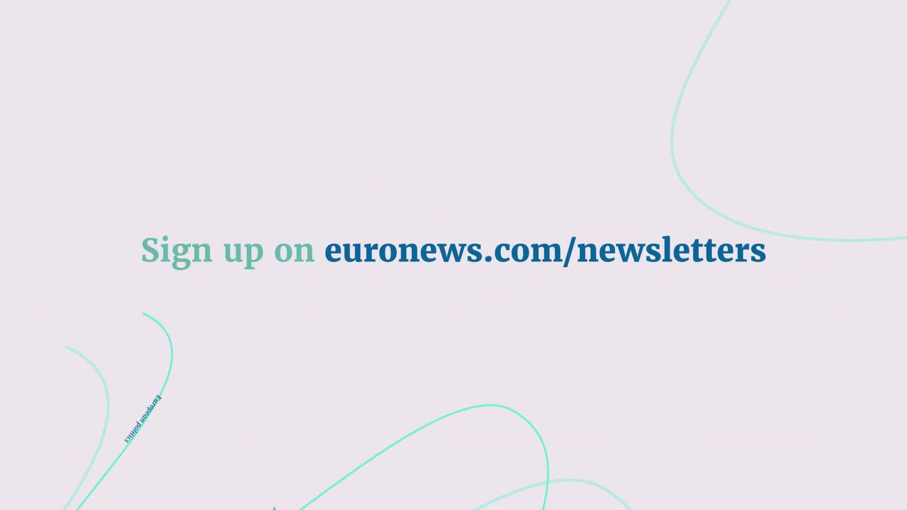The screen displays a call to action from Euronews English, inviting viewers to sign up for newsletters. Soft, curving lines in a pale teal accent the text on a light background.
