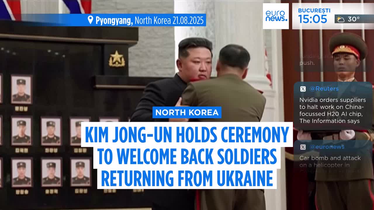 Kim Jong-un is embracing a soldier, while a man in a military uniform stands nearby. A Euronews English graphic reports on the ceremony in Pyongyang.
