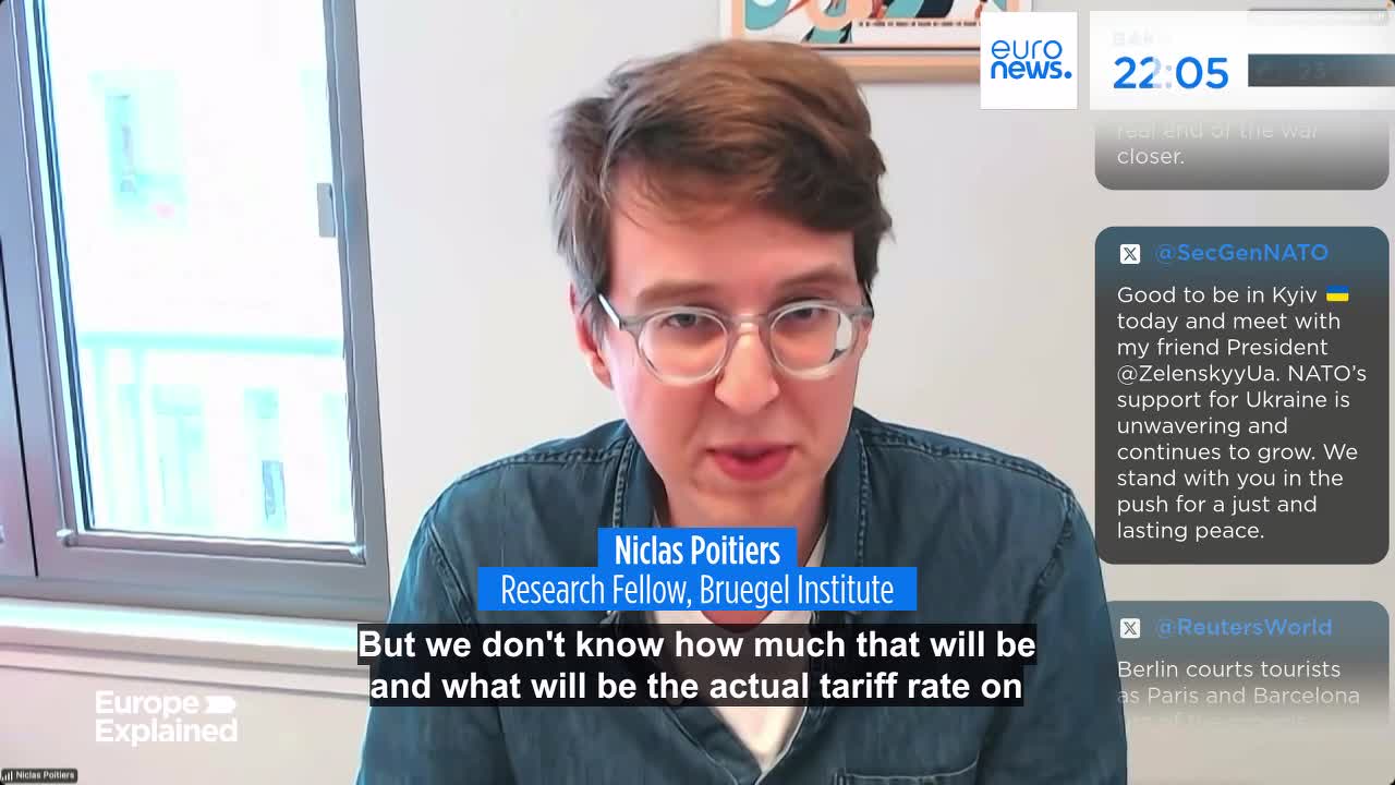 A man with glasses, identified as Niclas Poitiers, is speaking on camera for Euronews. Below him, a text overlay reads, "But we don't know how much that will be and what will be the actual tariff rate on..."
