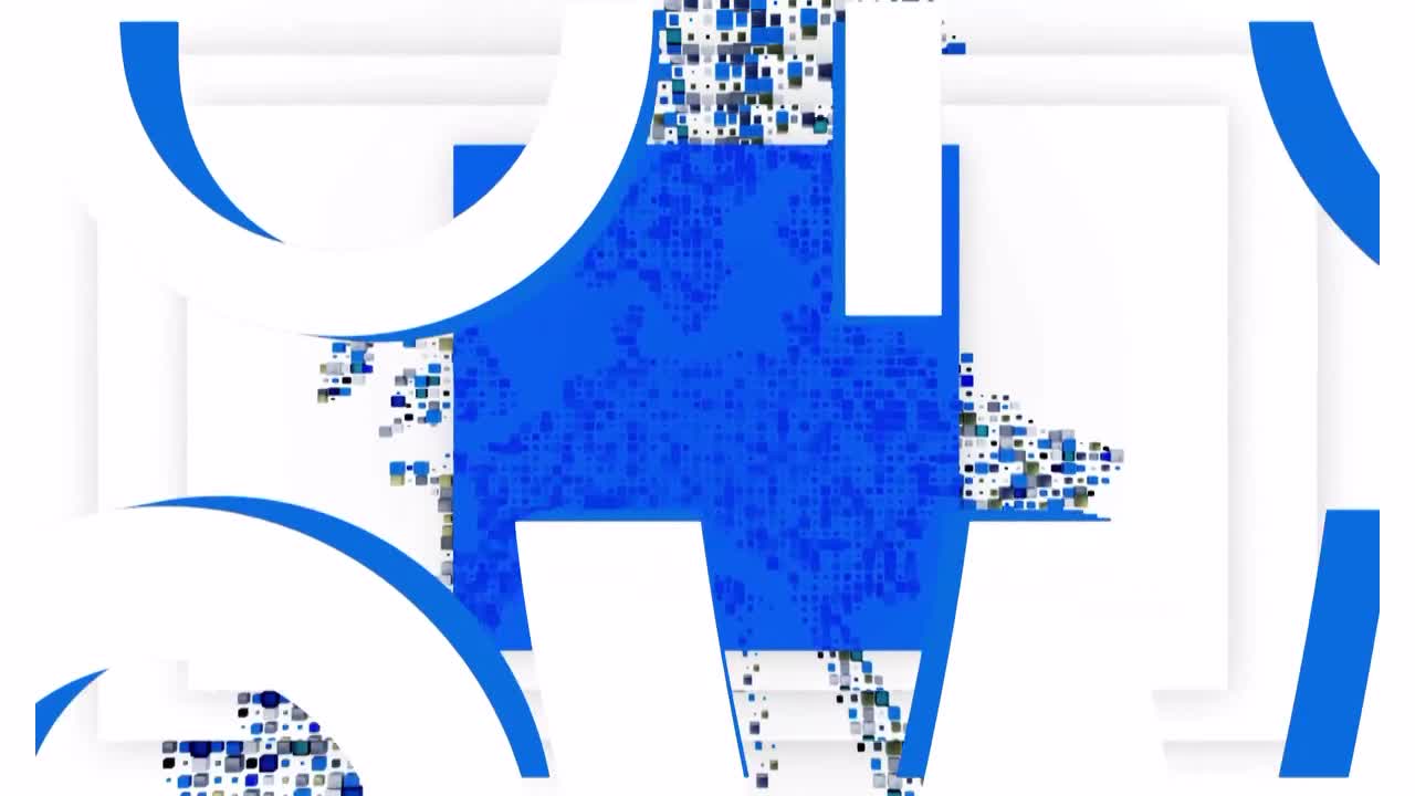 A blue shape, made of tiny squares, dominates the center, surrounded by white rectangles and curved blue lines. The composition feels like a graphic from Euronews English, a French news source.
