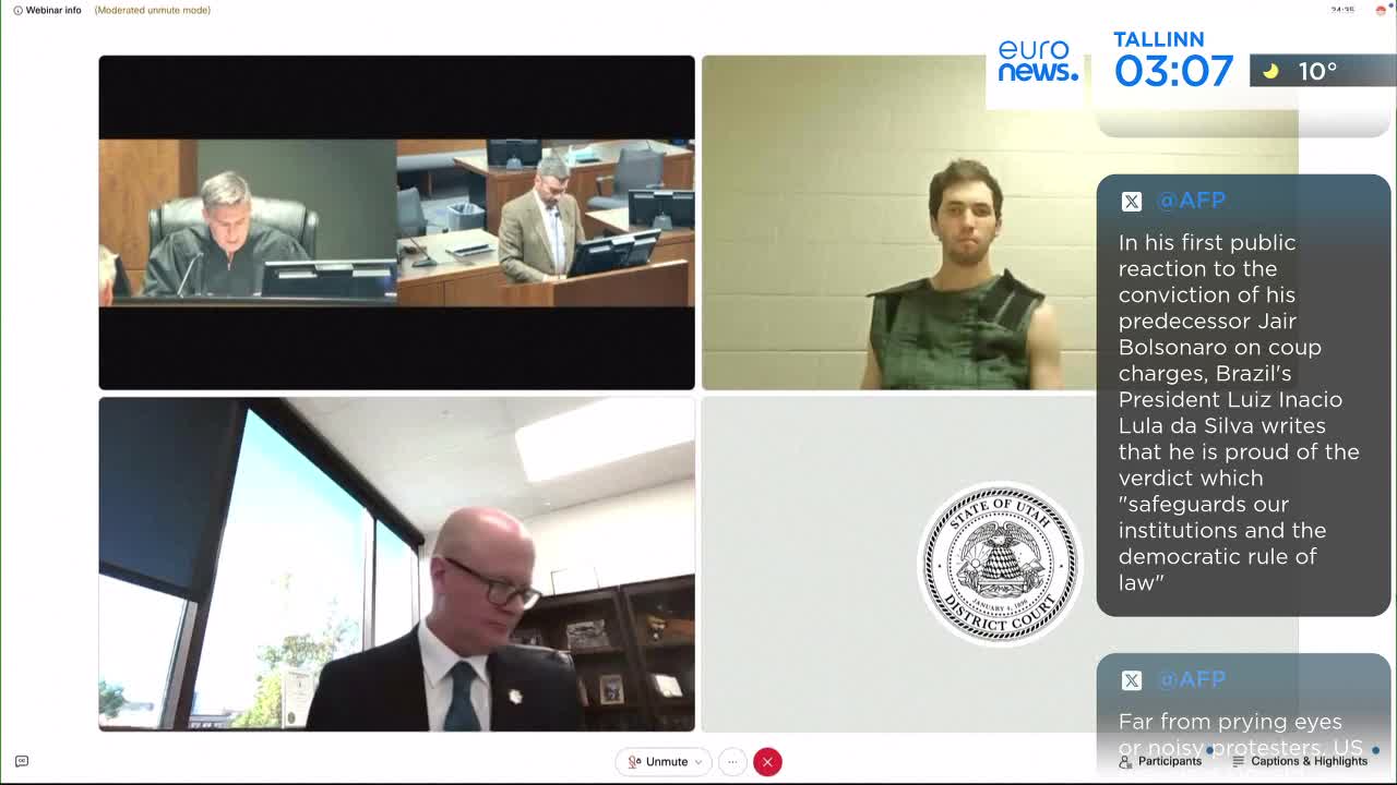 Four separate video feeds are displayed, including a man in a green vest, a judge, and two others speaking from behind podiums. A Euronews English graphic with the time and temperature is visible in the upper right corner.
