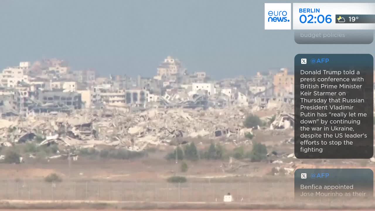 Across the horizon, a city lies in ruins, the buildings reduced to rubble. The Euronews English report from Berlin shows a scene of devastation.
