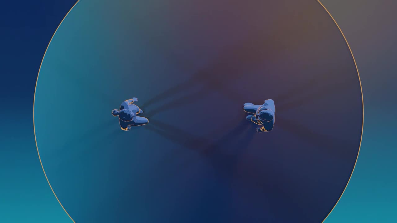 Two shiny, blue figures are positioned on either side of a large, circular shape. The figures cast long shadows across the dark surface.
Two shiny, blue figures are positioned on either side of a large, circular shape. The figures cast long shadows across the dark surface.