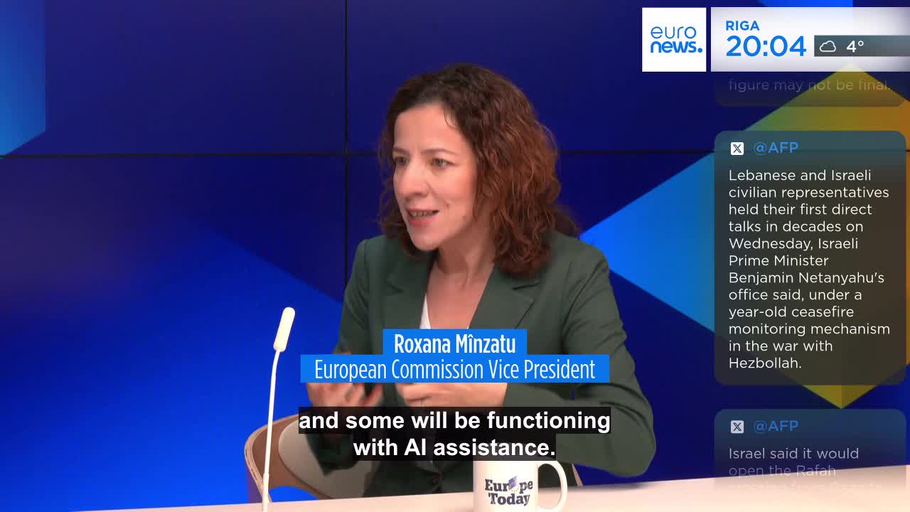 Roxana Minzatu, identified as the European Commission Vice President, is speaking on Euronews English. She's seated, gesturing with her hands, and the words "and some will be functioning with AI assistance" appear on the screen.
Roxana Minzatu, identified as the European Commission Vice President, is speaking on Euronews English. She's seated, gesturing with her hands, and the words "and some will be functioning with AI assistance" appear on the screen.