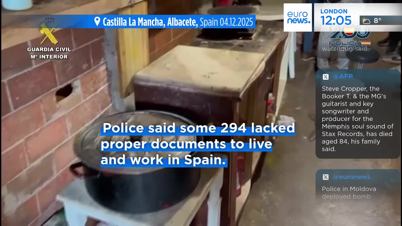A pot sits atop a stove, with a brick wall behind it. The Euronews English broadcast from London is showing a report about police in Spain.
A pot sits atop a stove, with a brick wall behind it. The Euronews English broadcast from London is showing a report about police in Spain.