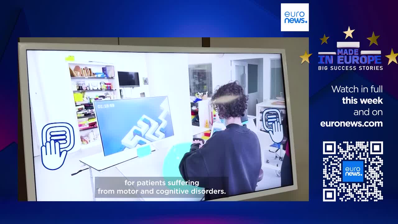 A young person with curly hair uses a tablet in a bright room. On the screen, a stylized blue staircase graphic appears, and text about patients with motor and cognitive disorders is visible.