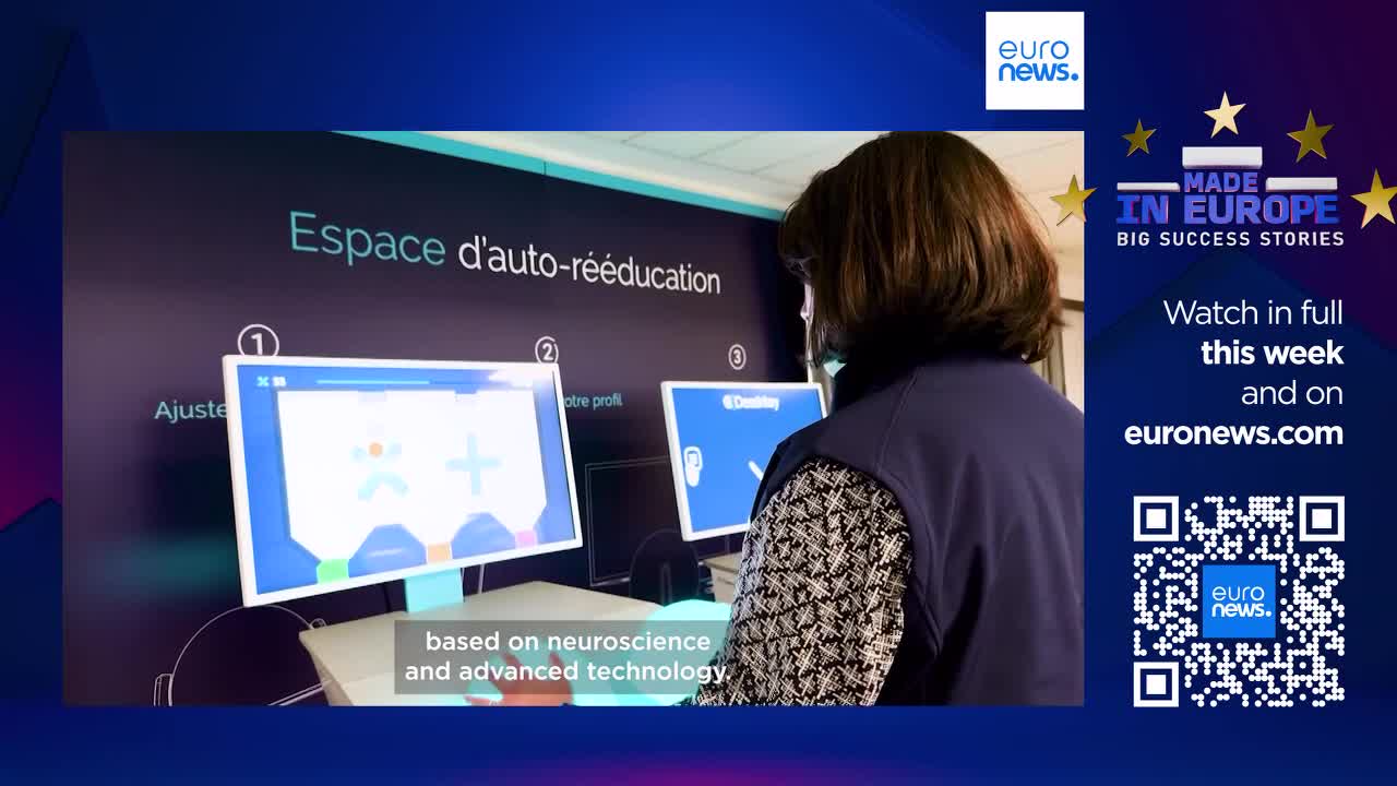 A woman stands before a screen displaying interactive exercises. This French technology, featured on Euronews English, is designed for rehabilitation.