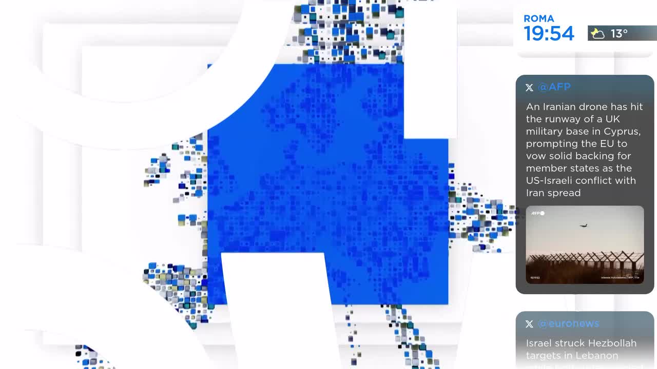 A large blue numeral "1" composed of tiny squares dominates the frame. To the right, a news ticker scrolls, displaying headlines about international affairs. A large blue numeral "1" composed of tiny squares dominates the frame. To the right, a news ticker scrolls, displaying headlines about international affairs.