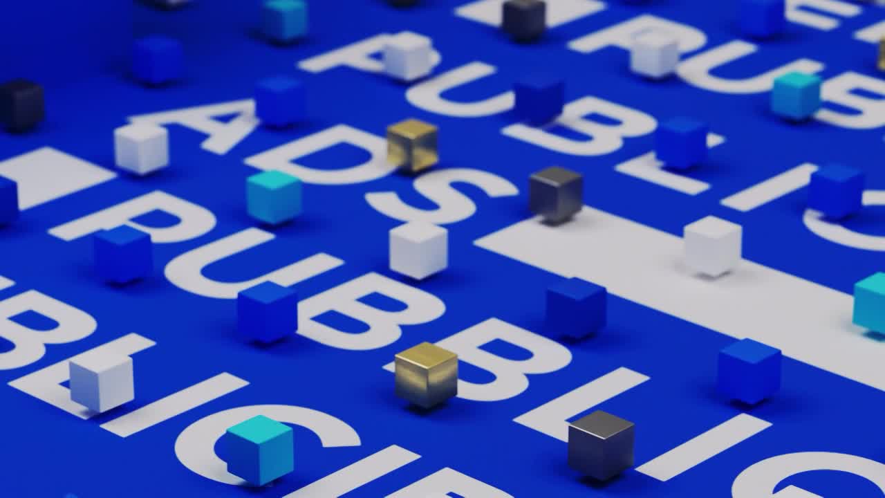White letters spelling "PUBLIC" stretch across a bright blue surface, with small, colored cubes scattered between them. These cubes, in shades of blue, white, and gold, sit on the letters as if they are tiny islands. White letters spelling "PUBLIC" stretch across a bright blue surface, with small, colored cubes scattered between them. These cubes, in shades of blue, white, and gold, sit on the letters as if they are tiny islands.