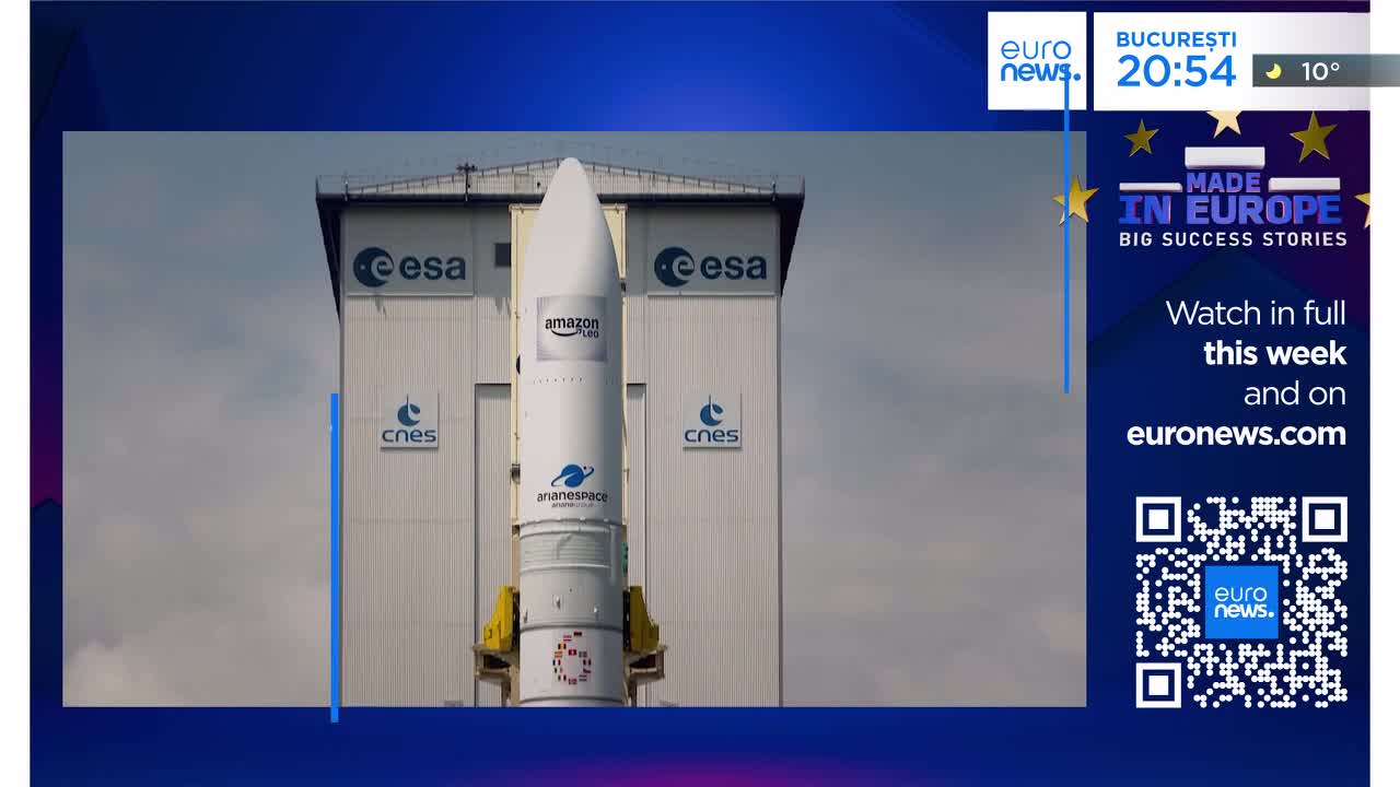 A tall, white rocket stands ready for launch at the Guiana Space Centre. The European Space Agency and CNES logos are visible on the launchpad structure behind it.