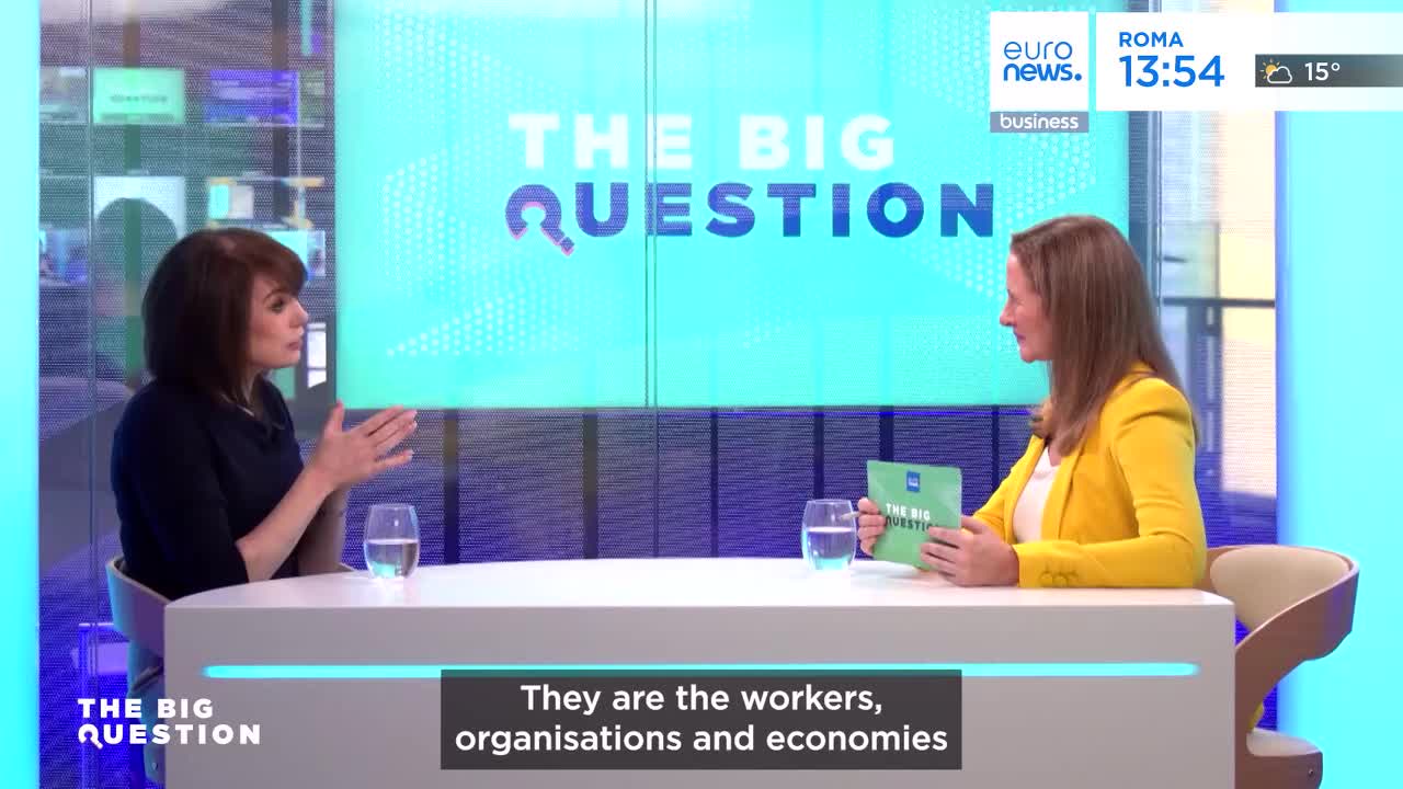 Two women sit at a table in a studio, discussing something for Euronews English. The screen behind them displays "THE BIG QUESTION" in large letters.