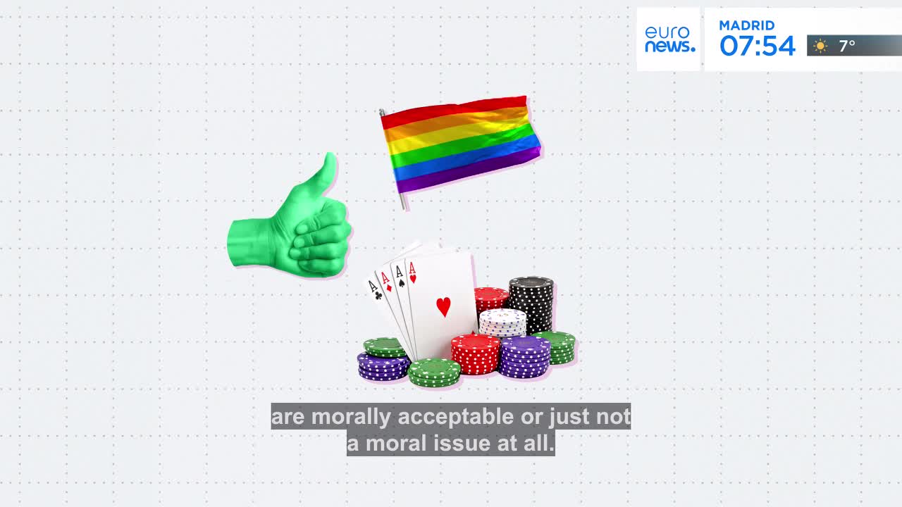 A bright green thumbs-up gesture hovers over a pile of poker chips and playing cards. A rainbow flag flutters above the scene, while the Euronews logo and a Madrid weather report are visible in the corner.
