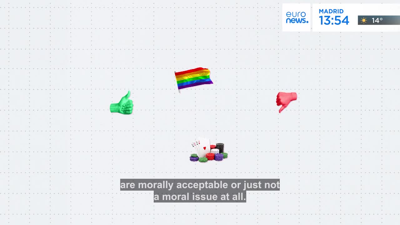 A green thumbs-up emoji floats to the left, a rainbow flag waves in the center, and a red thumbs-down emoji drifts to the right. Below them, a small pile of poker chips and cards sits on the grid.